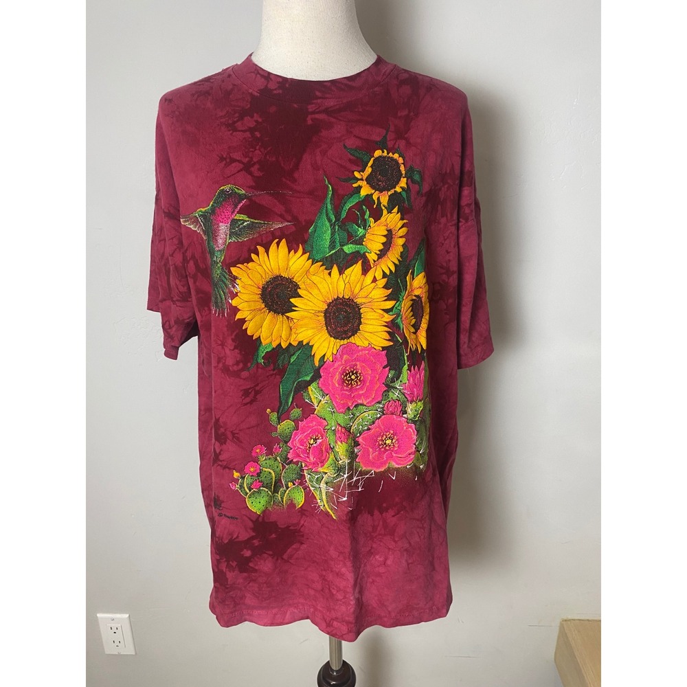 Vintage 90s Cotton Fitz Tie Dye Sunflower Hummingbird T-Shirt Maroon Large USA
